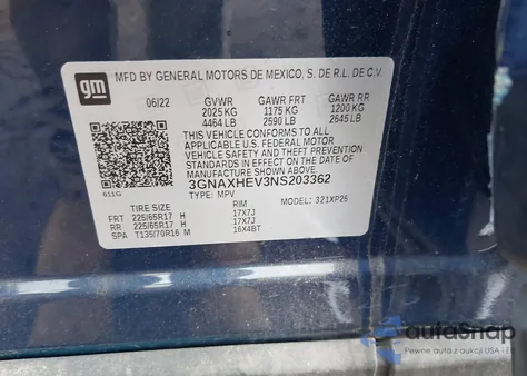 2022 Chevrolet Equinox Fwd Ls z USA, uszkodzony, nr VIN 3GNAXHEV3NS203362